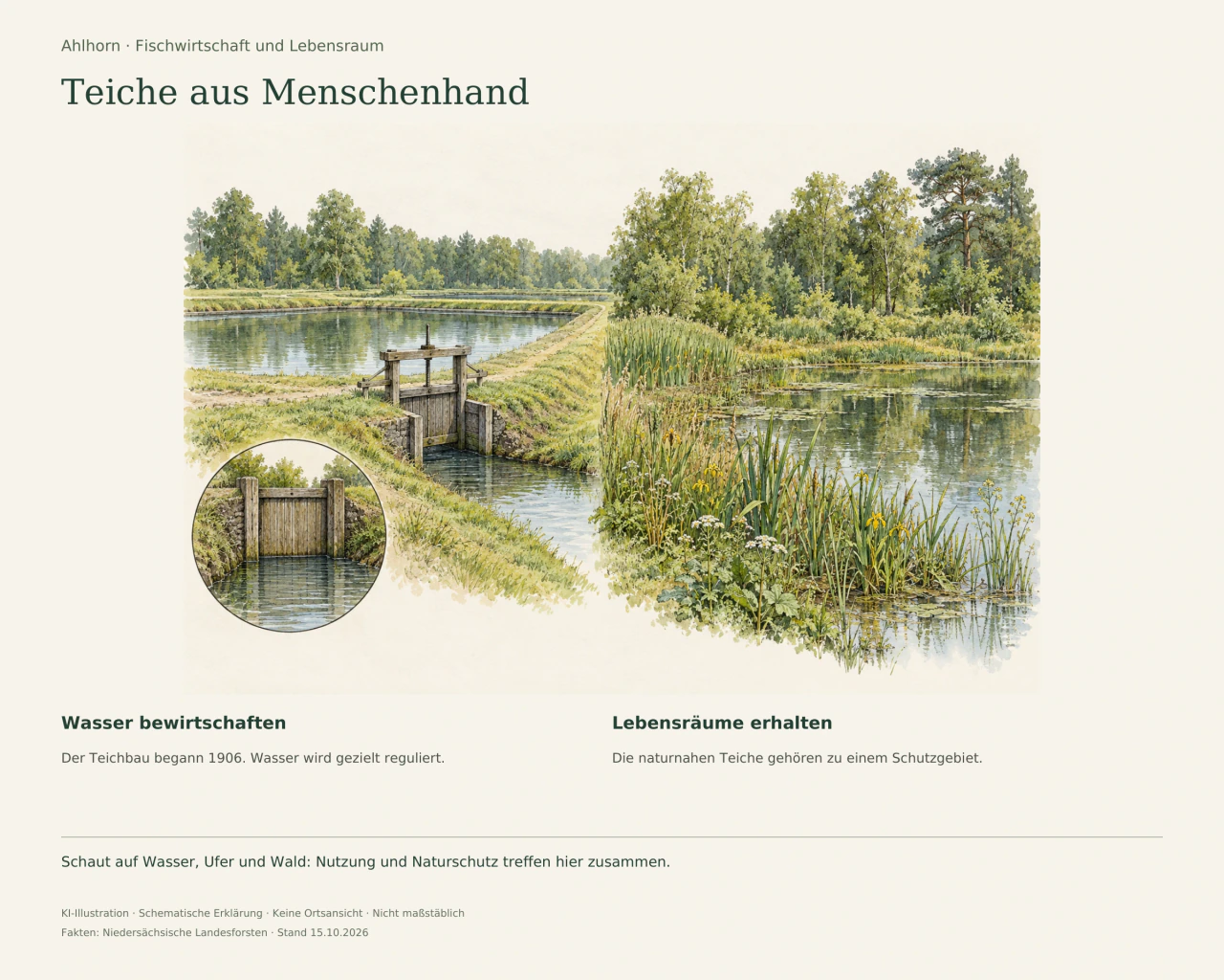 Links ein schematischer Fischteich mit hölzerner Wasserregulierung, rechts ein Teichufer mit Röhricht und Wald.