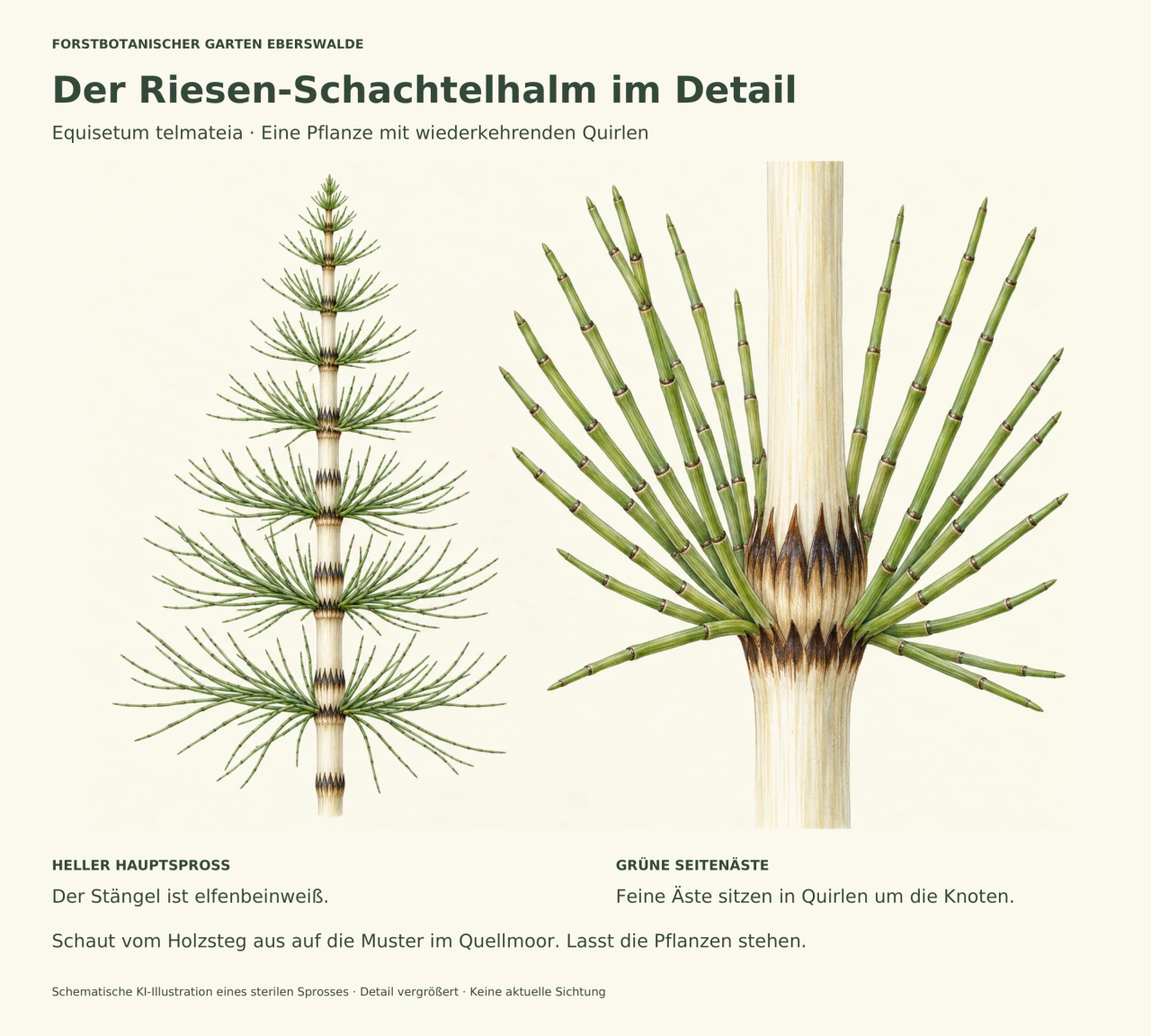 Links ein hoher, heller Schachtelhalmspross mit regelmäßig angeordneten Quirlen feiner grüner Äste. Rechts eine starke Vergrößerung eines Knotens mit brauner gezähnter Scheide und seitlich ausstrahlenden gegliederten Ästen.