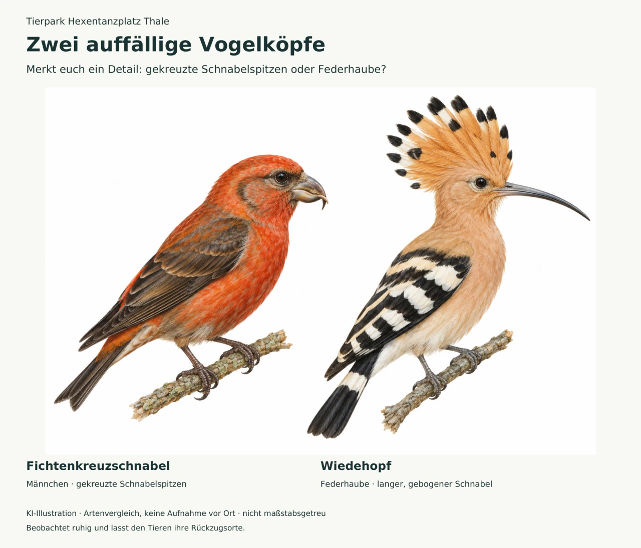 Rotes Fichtenkreuzschnabel-Männchen mit gekreuzten Schnabelspitzen neben einem Wiedehopf mit aufgestellter Federhaube und langem gebogenem Schnabel.