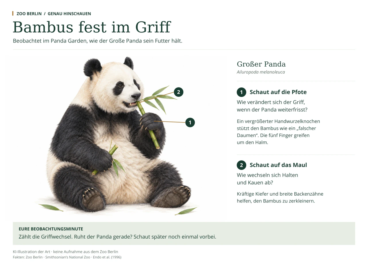 Illustrierter Großer Panda im Sitzen mit Bambus in den Vorderpfoten. Zwei nummerierte Linien zeigen auf die greifende Pfote und das Maul. Die deutschen Hinweise erklären die Stützfunktion des vergrößerten Handwurzelknochens und die kräftigen Kiefer; als Aufgabe zählt ihr die Griffwechsel. Allgemeine KI-Artdarstellung.