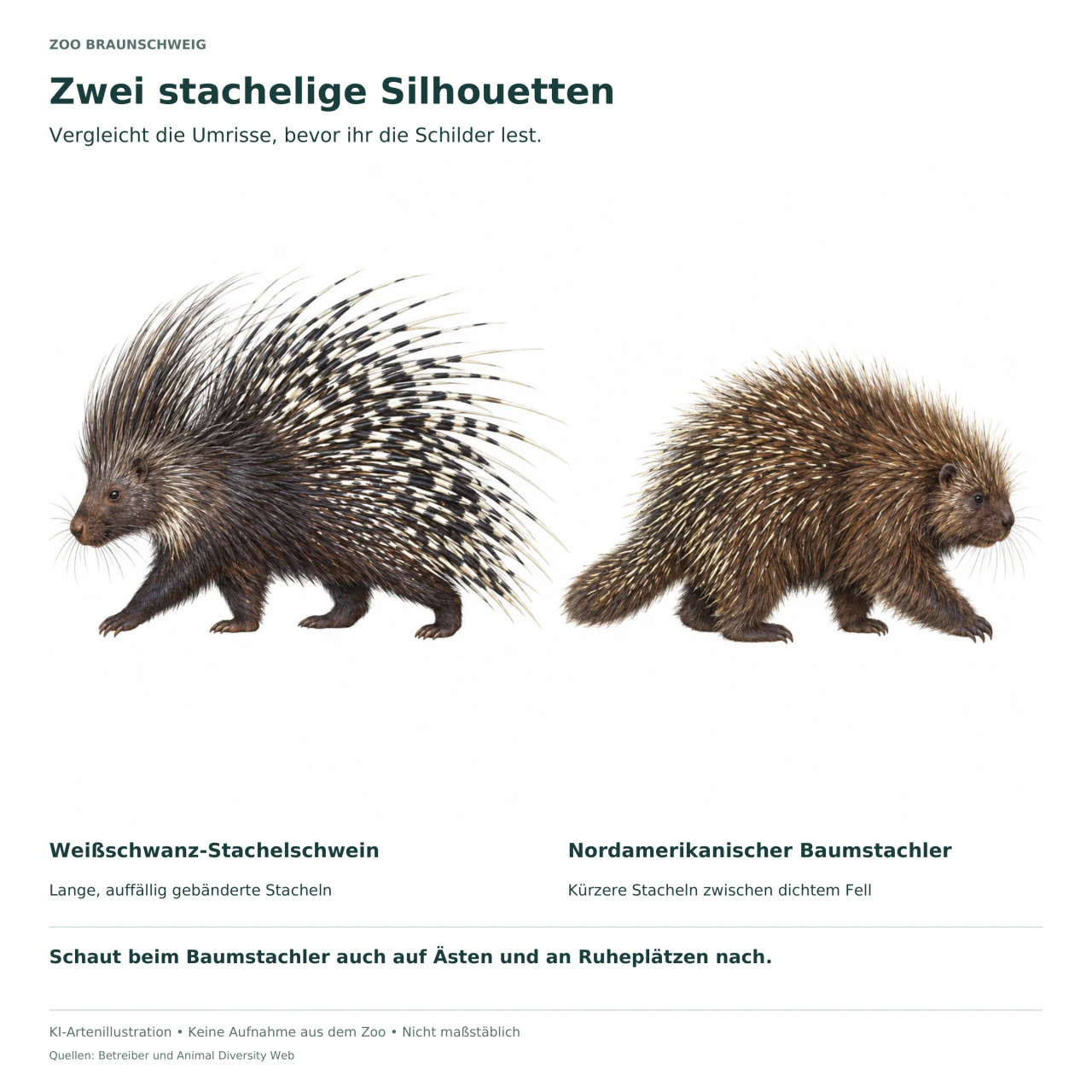 Links ein Weißschwanz-Stachelschwein mit langen schwarz-weiß gebänderten Stacheln; rechts ein rundlicher, dicht behaarter Nordamerikanischer Baumstachler mit kürzeren Stacheln.