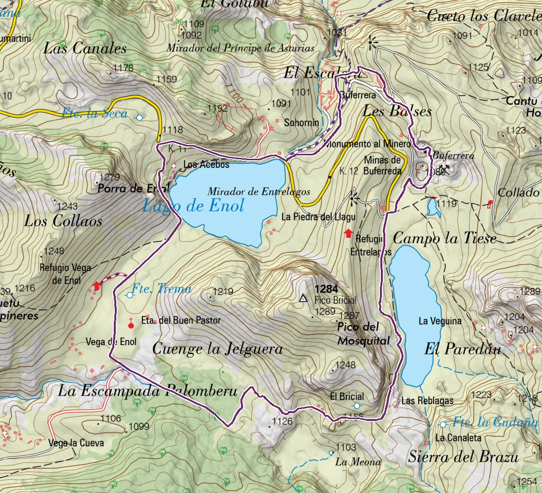 Mapa topográfico oficial del IGN con los lagos de Covadonga y las curvas de nivel del entorno, sobre el que aparece en morado el recorrido principal del CNIG. La ruta corta no está representada.