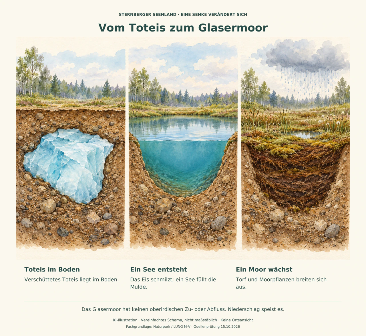Drei Bodenquerschnitte zeigen einen verschütteten Eisblock, einen See in der entstandenen Senke und ein mit Torf gefülltes Moor unter Regenwolken.