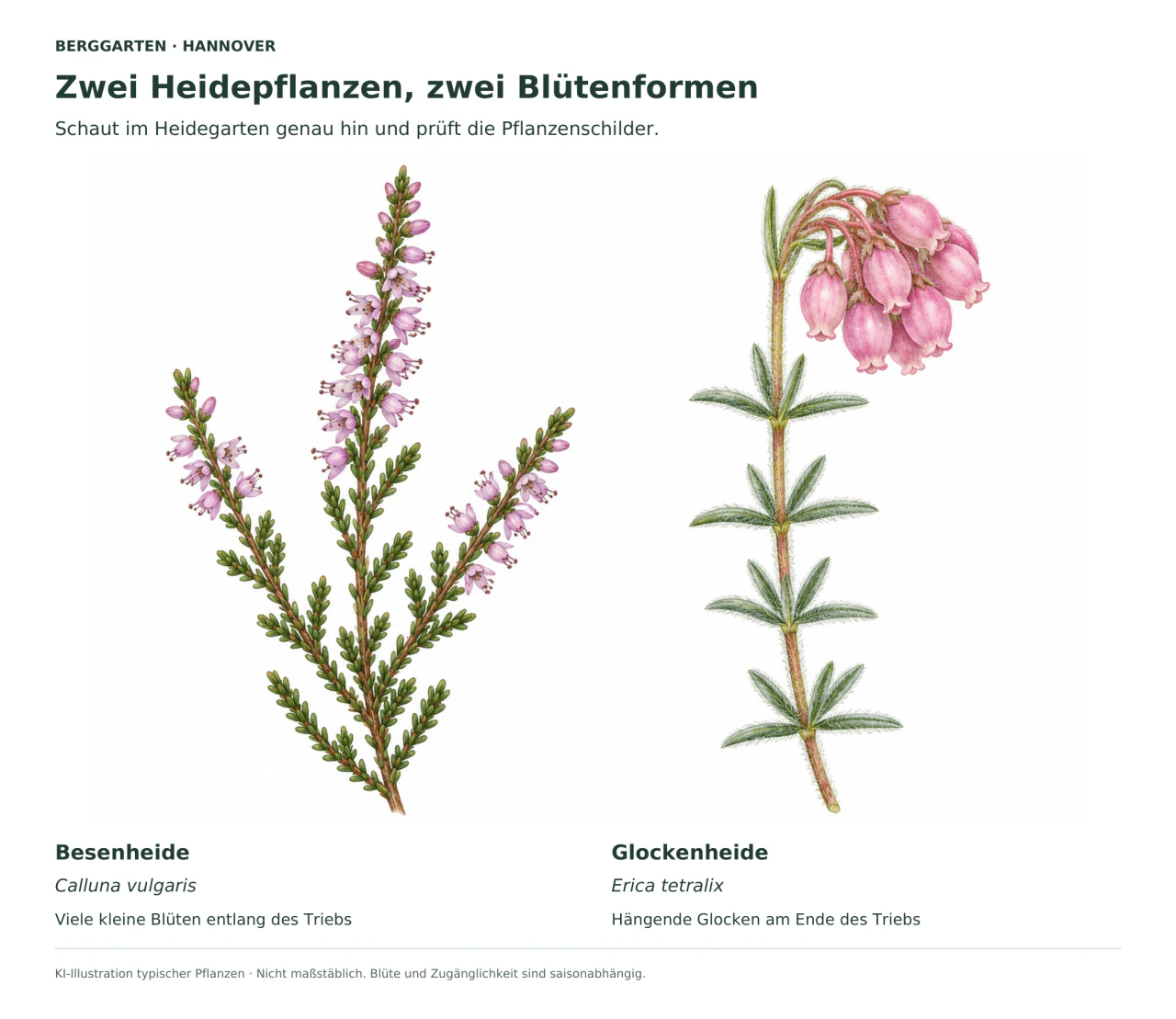 Botanische KI-Illustration: links ein verzweigter Besenheide-Trieb mit kleinen rosa Blüten entlang der Zweige; rechts Glockenheide mit schmalen behaarten Blättern und einer endständigen Gruppe hängender rosa Glocken.