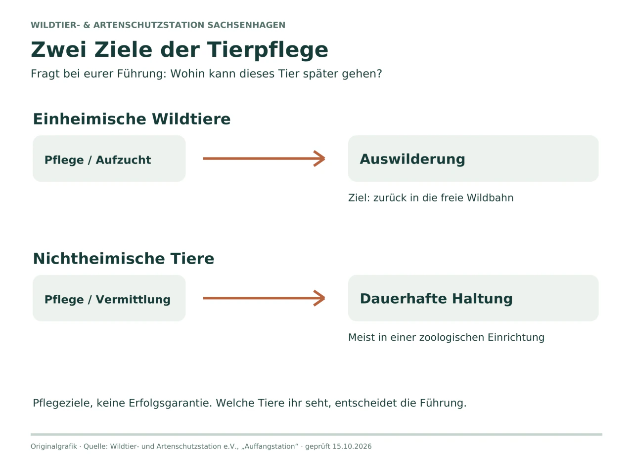 Zwei parallele Pfeilketten: Einheimische Wildtiere über Pflege und Aufzucht zum Ziel Auswilderung; nichtheimische Tiere über Pflege und Vermittlung zum Ziel dauerhafte Haltung.
