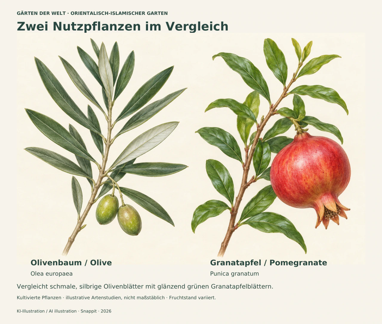 Botanische Illustration zweier Zweige: links Olive mit schmalen graugrünen Blättern, silbrigen Blattunterseiten und zwei grünen Früchten; rechts Granatapfel mit glänzend grünen Blättern und roter Frucht.