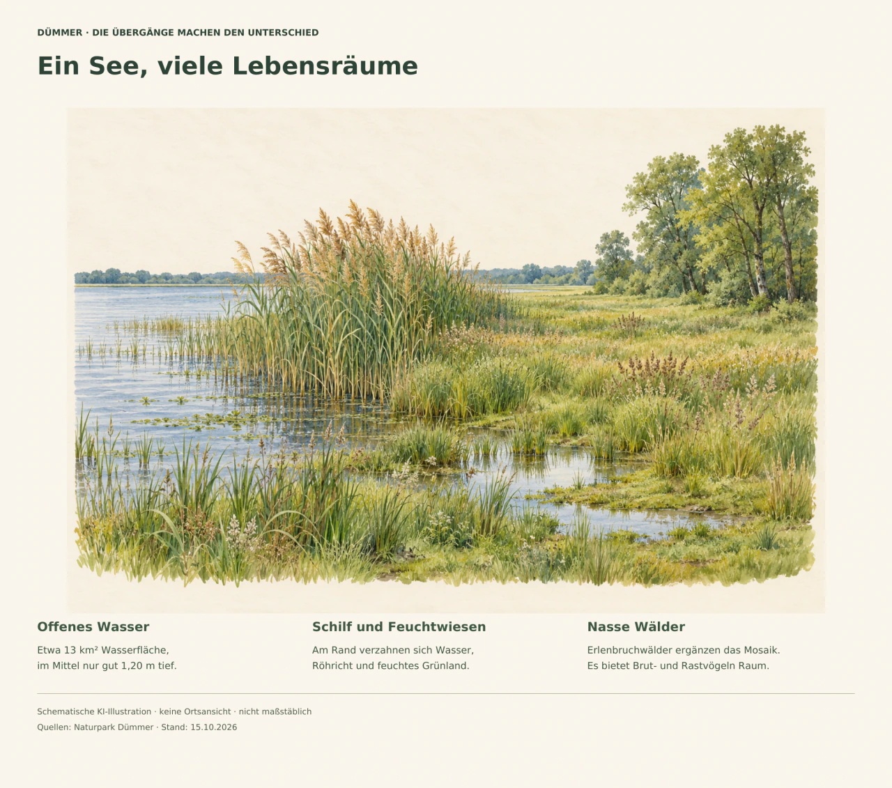 Aquarell eines schematischen Seeufers: links Wasser, daneben Schilf, rechts nasse Wiese und Erlenwald; Texte nennen Fläche, Tiefe und Lebensraummosaik.