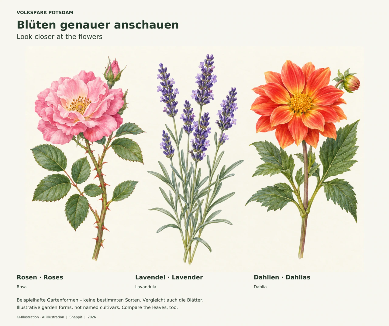 Botanische Illustration: links eine rosa Rose mit gezähnten Fiederblättchen und Stacheln, mittig violette Lavendelähren mit schmalen Blättern, rechts eine orange Dahlie mit gelber Mitte und geteilten Blättern.