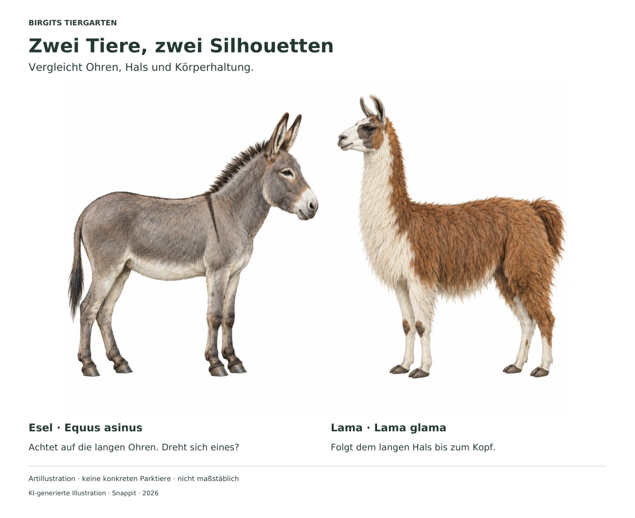 Illustration eines grauen Esels links und eines braun-weißen Lamas rechts; daneben Beobachtungsfragen zu Ohren und Hals.