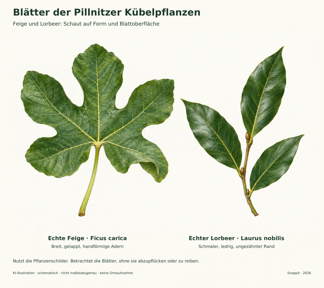 Links ein großes Feigenblatt mit fünf Lappen und handförmigen Adern; rechts drei dunkelgrüne, längliche Lorbeerblätter an einem Zweig.