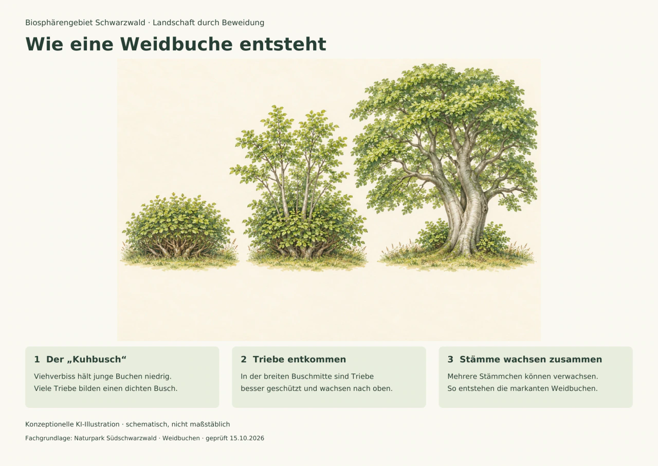 Drei illustrierte Wuchsformen: niedriger dichter Kuhbusch, geschützte aufstrebende Triebe und große Weidbuche mit zusammengewachsenen Stämmen.
