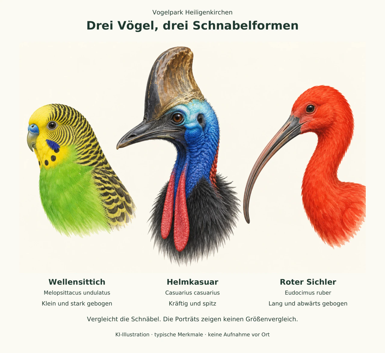 Drei Vogelporträts: grüner Wellensittich mit Hakenschnabel, blauer Helmkasuar mit kräftigem Schnabel und roter Sichler mit langem gebogenem Schnabel.