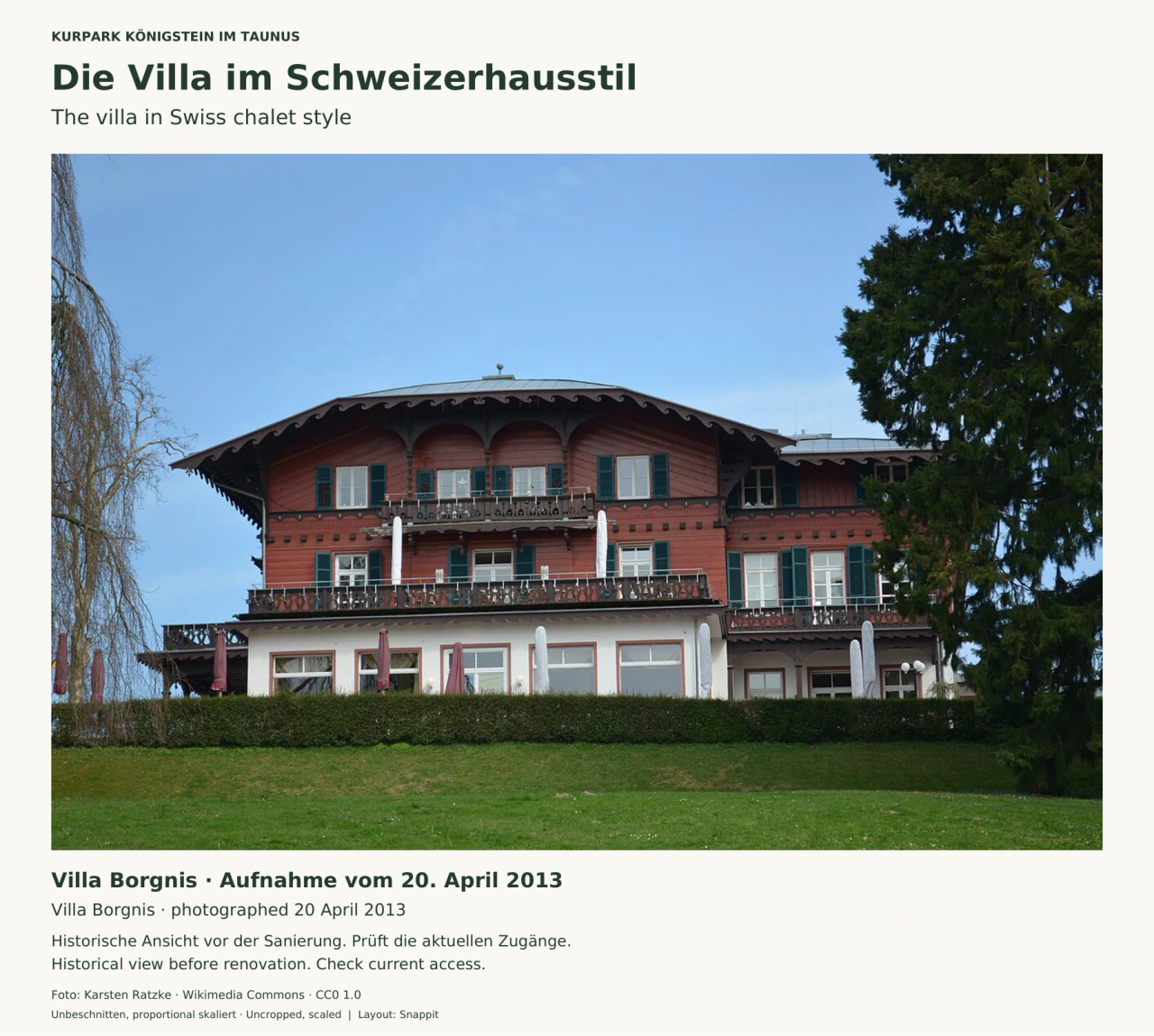 Villa Borgnis oberhalb eines Rasens: weißes Sockelgeschoss, rotbraun verkleidete Obergeschosse, grüne Fensterläden, verzierte Balkone und ein weit überstehendes, flach geneigtes Dach.