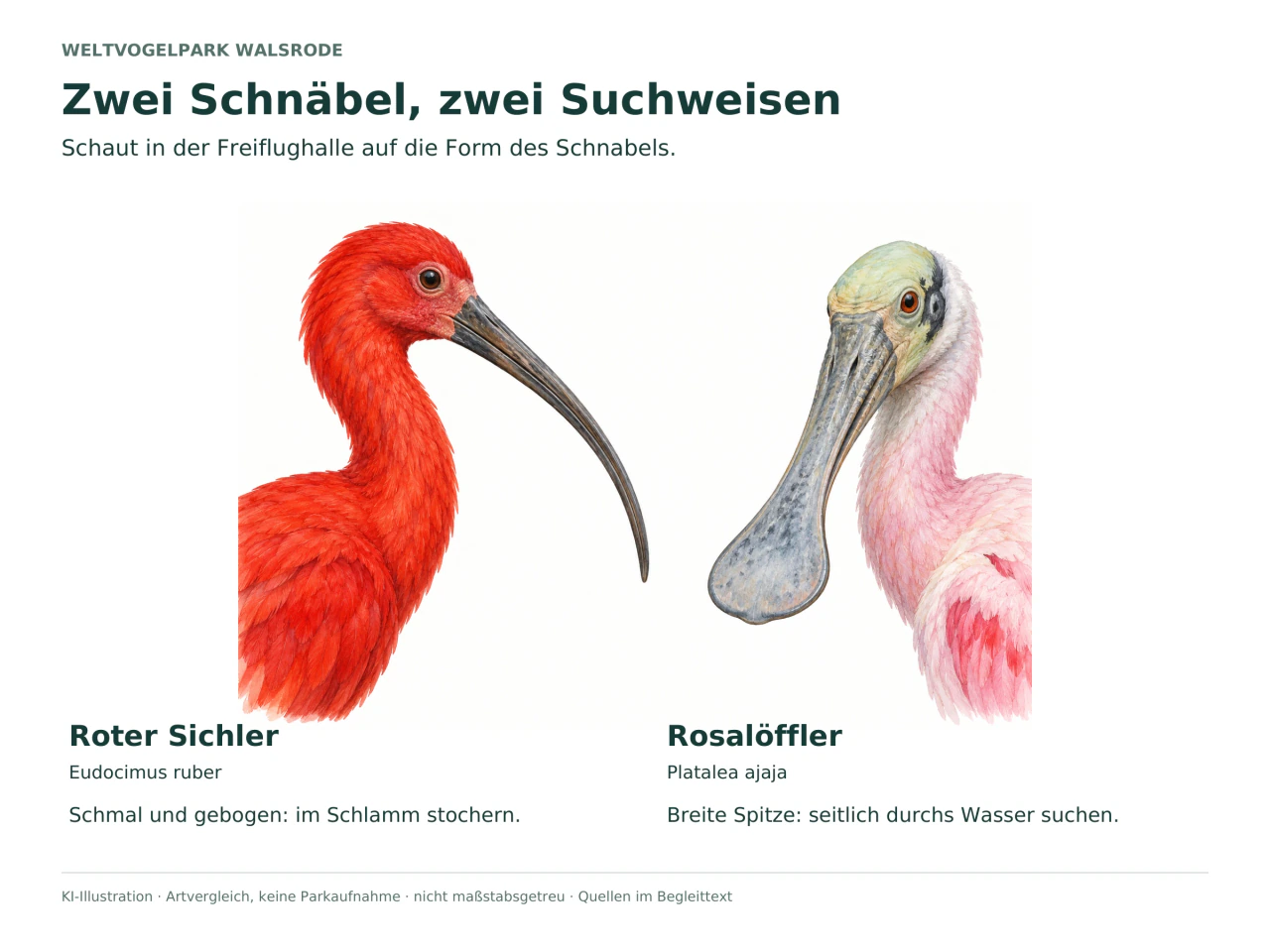 Illustration: links Roter Sichler mit schmalem, abwärts gebogenem Schnabel; rechts Rosalöffler mit breiter löffelförmiger Spitze.