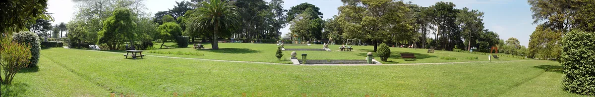 A very wide panorama of green lawns, mature trees, palms, picnic tables and curving paths inside Mataleñas Park.