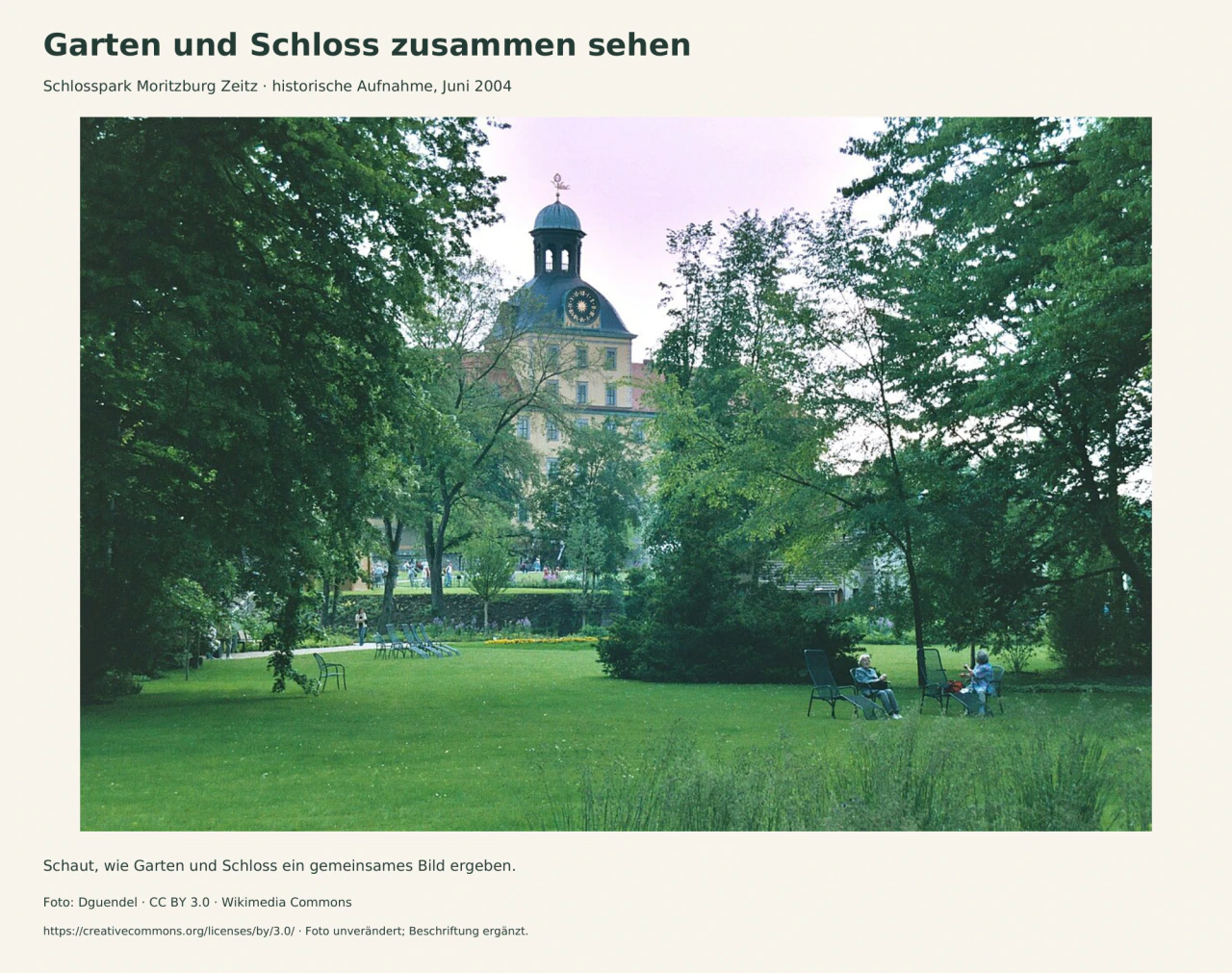Eine grüne Rasenfläche mit einzelnen Stühlen und Besuchern liegt zwischen hohen Bäumen. Hinter dem Garten erhebt sich die helle Schlossfassade mit dunkler Dachhaube und Uhr.