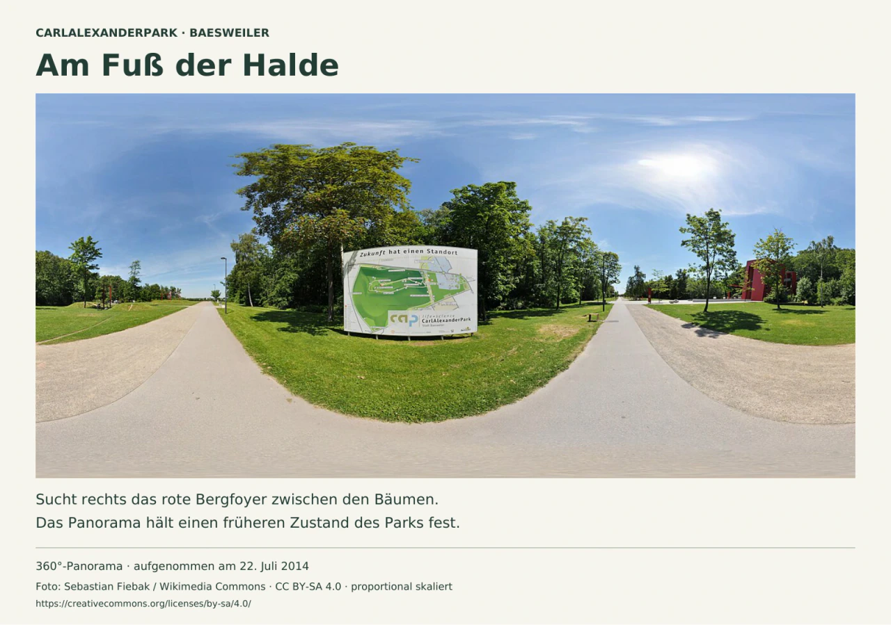 Breites 360-Grad-Panorama am Fuß der Halde: eine Infotafel steht zwischen Rasen und Bäumen, gepflasterte Wege laufen seitlich vorbei, rechts ist das rote Bergfoyer zu sehen.