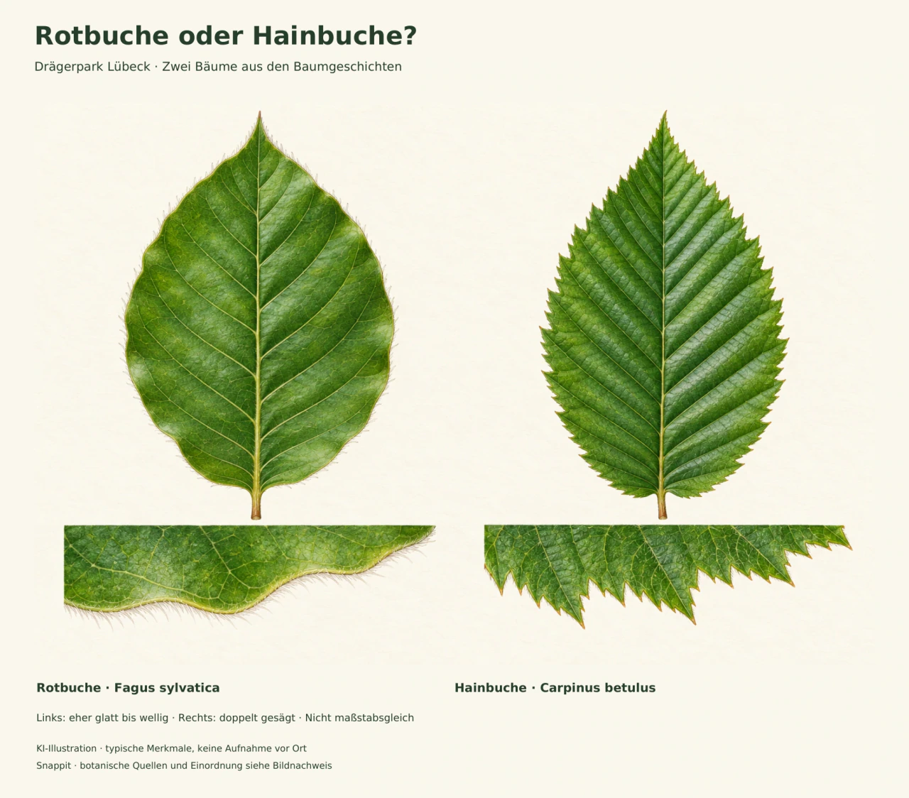 Botanische KI-Gegenüberstellung: links ein Rotbuchenblatt mit sanft gewelltem Rand, rechts ein stärker geädertes Hainbuchenblatt mit doppelt gesägtem Rand; darunter vergrößerte Randdetails.