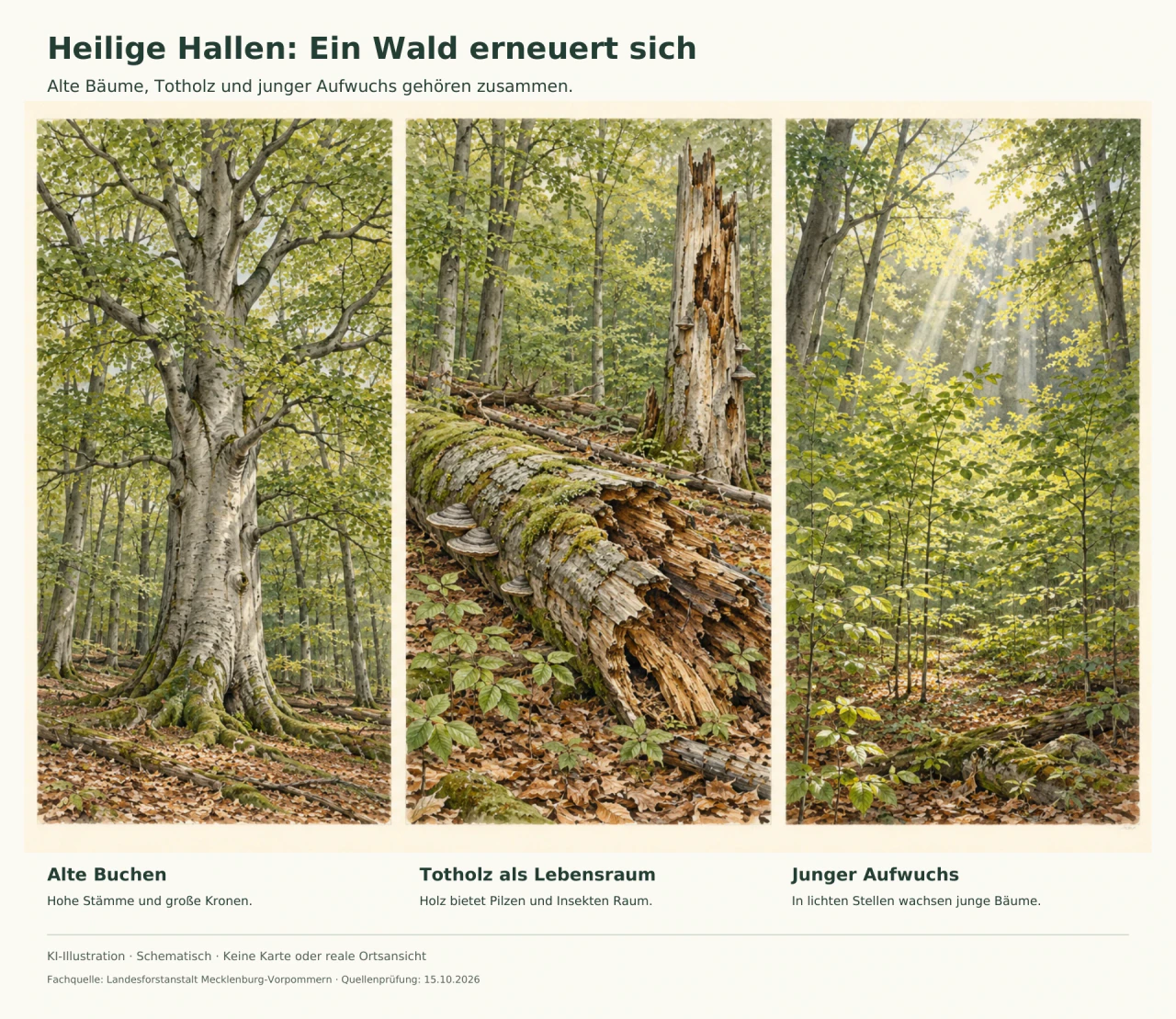 Drei gemalte Waldszenen zeigen eine alte Buche, einen umgestürzten Stamm mit Pilzen und junge Buchen im Licht einer Kronenlücke.