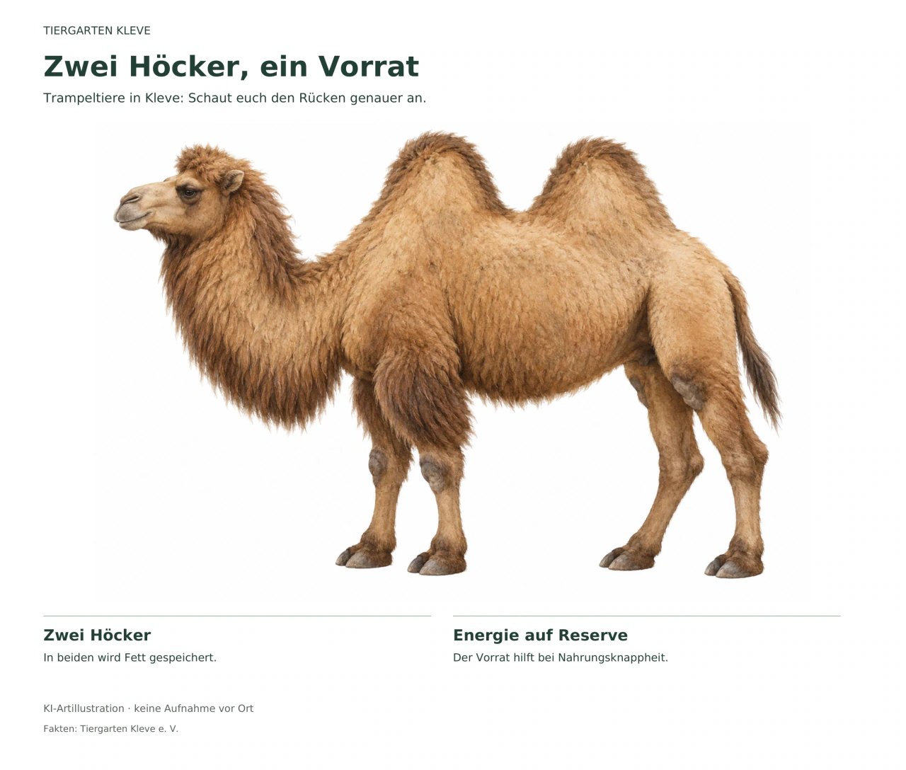 KI-Illustration eines Trampeltiers im Seitenprofil mit zwei deutlich getrennten Höckern und dem Hinweis auf gespeichertes Fett.