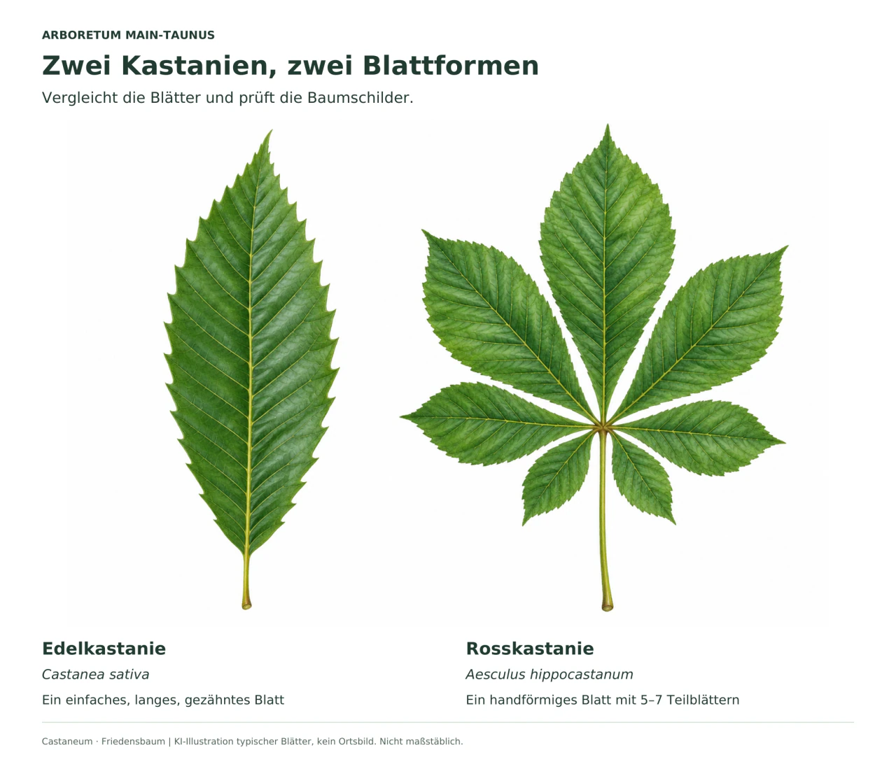 Botanische Illustration: links ein langes, scharf gezähntes Edelkastanienblatt; rechts sieben gezähnte Teilblätter, die an einem gemeinsamen Punkt das Rosskastanienblatt bilden.