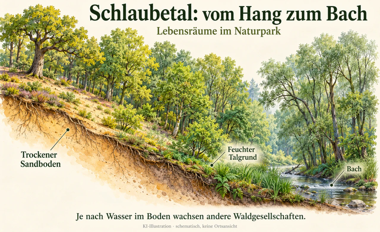 Schematischer bewaldeter Hang im Querschnitt: trockener Sandboden oben, feuchter Talgrund unten und ein Bach am tiefsten Punkt.