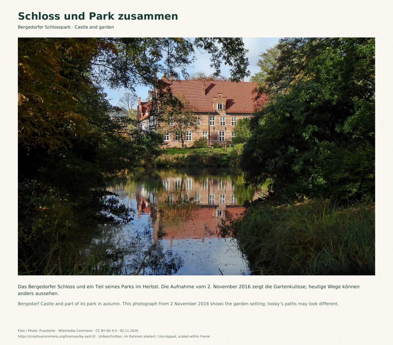 Das backsteinerne Bergedorfer Schloss mit rotem Ziegeldach und hellen Fenstern spiegelt sich im ruhigen Wasser des Grabens; Bäume und dichtes Ufergrün rahmen den Blick.