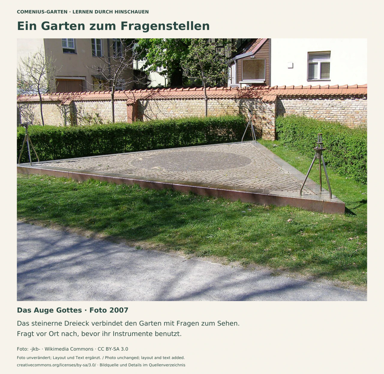 Historisches Foto des steinernen Dreiecks Auge Gottes im grünen Comenius-Garten mit an seinen Ecken angebrachten Metallinstrumenten.