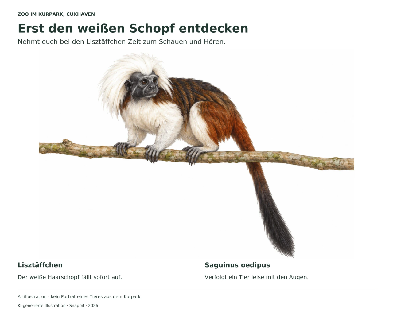 Artillustration eines Lisztäffchens auf einem Ast mit weißem Haarschopf, dunklem Gesicht und langem frei herabhängendem Schwanz.