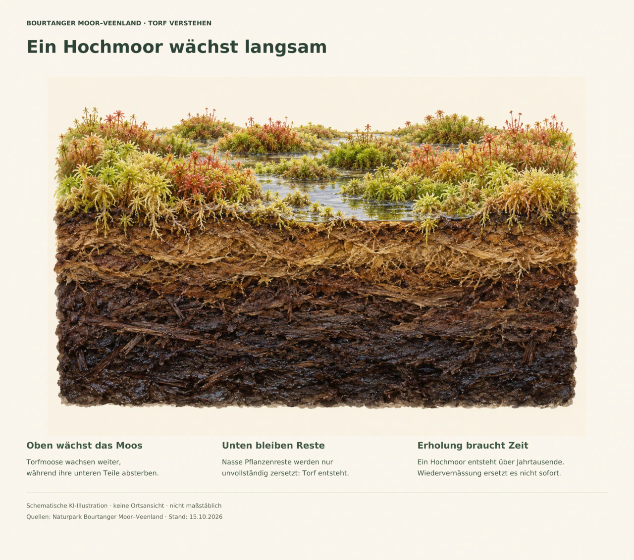 Schematischer Moorschnitt mit lebenden Moospolstern oben und zunehmend dunklen Pflanzenresten darunter; drei Texte erklären Wachstum, Torfbildung und lange Erholungszeiten.