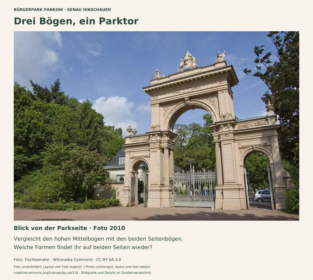 Foto des hellen dreiteiligen Parktors: ein hoher Rundbogen in der Mitte und zwei kleinere seitliche Bögen, flankiert von Bäumen.