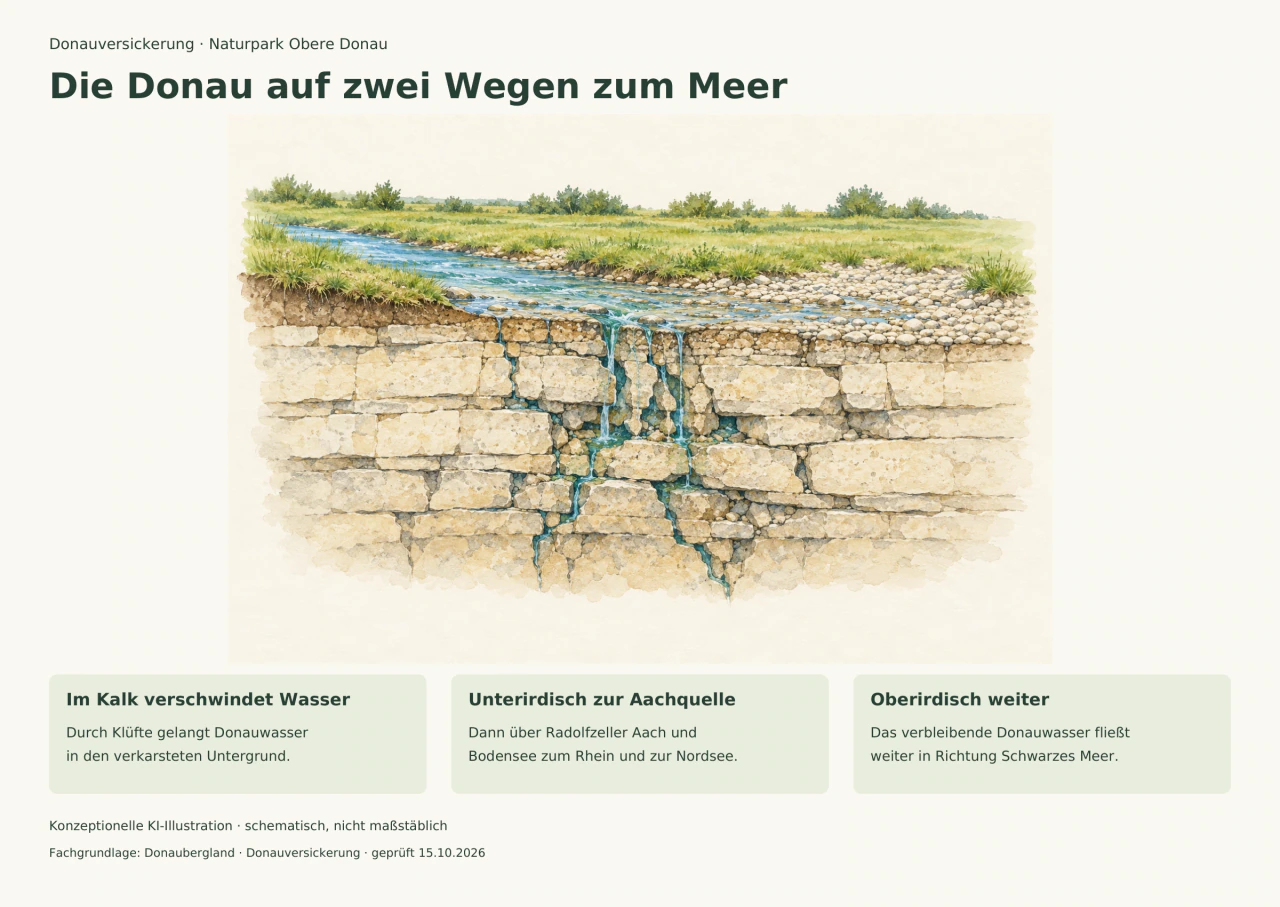Schematischer Schnitt eines Flussbetts mit Wasser, das durch Klüfte in helles Kalkgestein sinkt; drei Textfelder erklären die beiden Abflusswege.