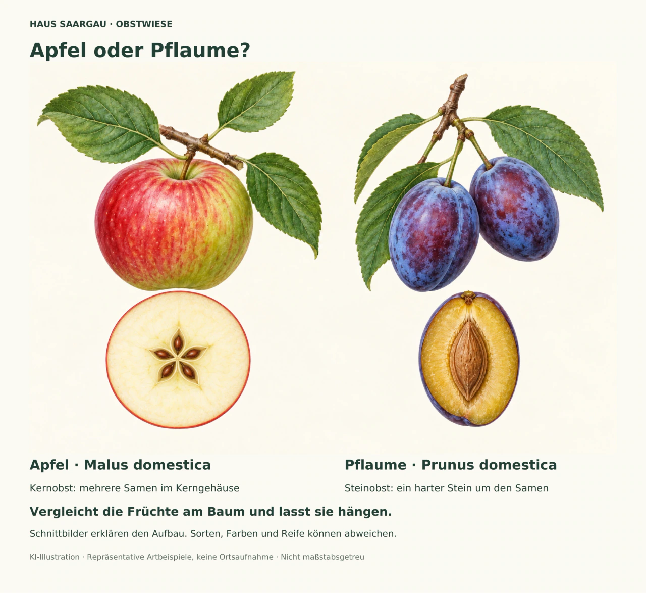 Links ein rotgrüner Apfel mit gezähnten Blättern und ein runder Querschnitt mit sternförmigem Kerngehäuse. Rechts blaue ovale Pflaumen mit Blättern und ein Längsschnitt mit einem großen Stein. Beschriftungen nennen Malus domestica und Prunus domestica.