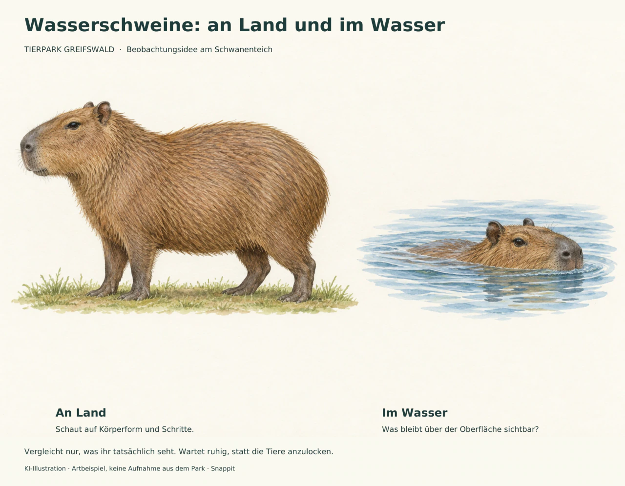 Illustration eines stehenden Wasserschweins und eines schwimmenden Tiers mit Augen, Ohren und Nase über dem Wasser.