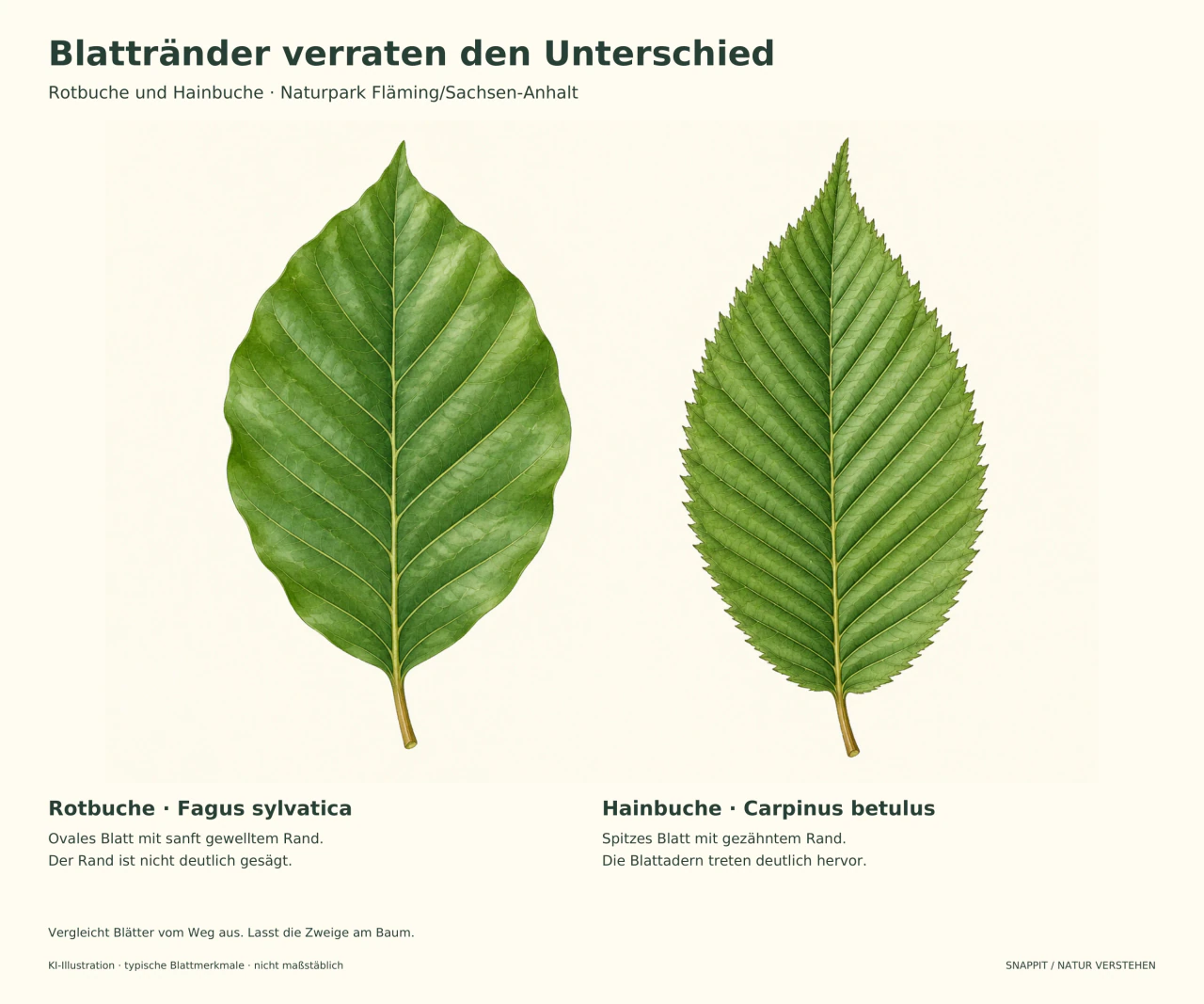 Zwei grüne Blätter: links Rotbuche mit gewelltem Rand, rechts Hainbuche mit gezähntem Rand und deutlichen Seitenadern.