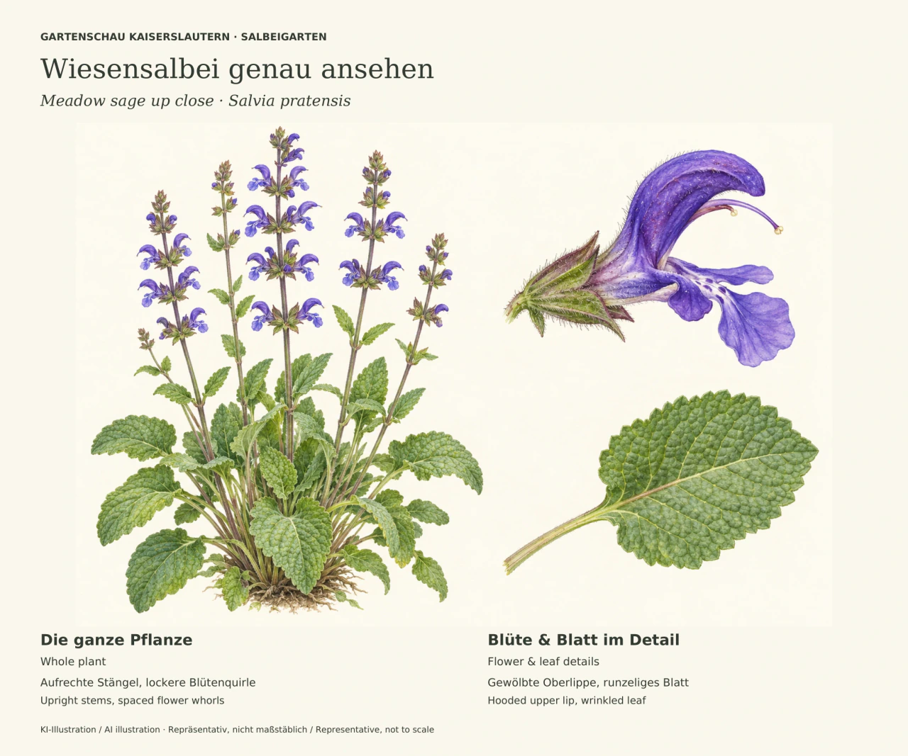 Botanische Tafel des Wiesensalbeis: links eine grüne Pflanze mit hohen Stängeln und getrennten violettblauen Blütenquirlen; rechts eine vergrößerte Blüte mit gewölbter Oberlippe und darunter ein runzeliges, gestieltes Blatt. Deutsche und englische Beschriftung.