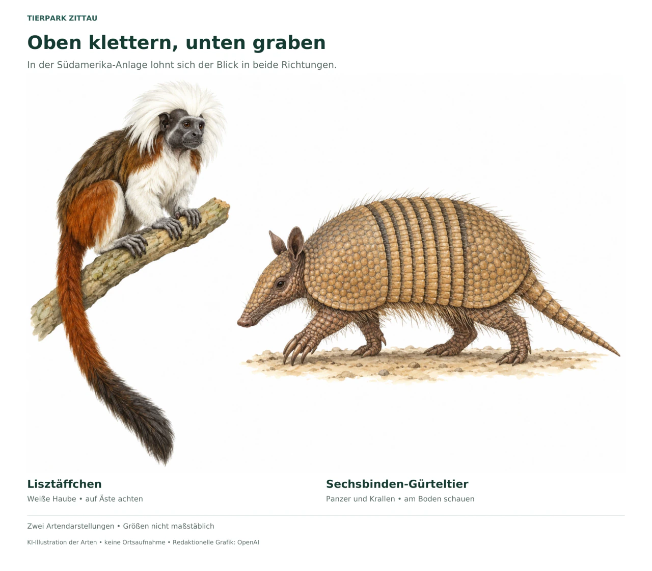 Links sitzt ein Lisztäffchen mit weißer Haube auf einem Ast, rechts läuft ein Sechsbinden-Gürteltier mit gegliedertem Panzer und kräftigen Krallen.