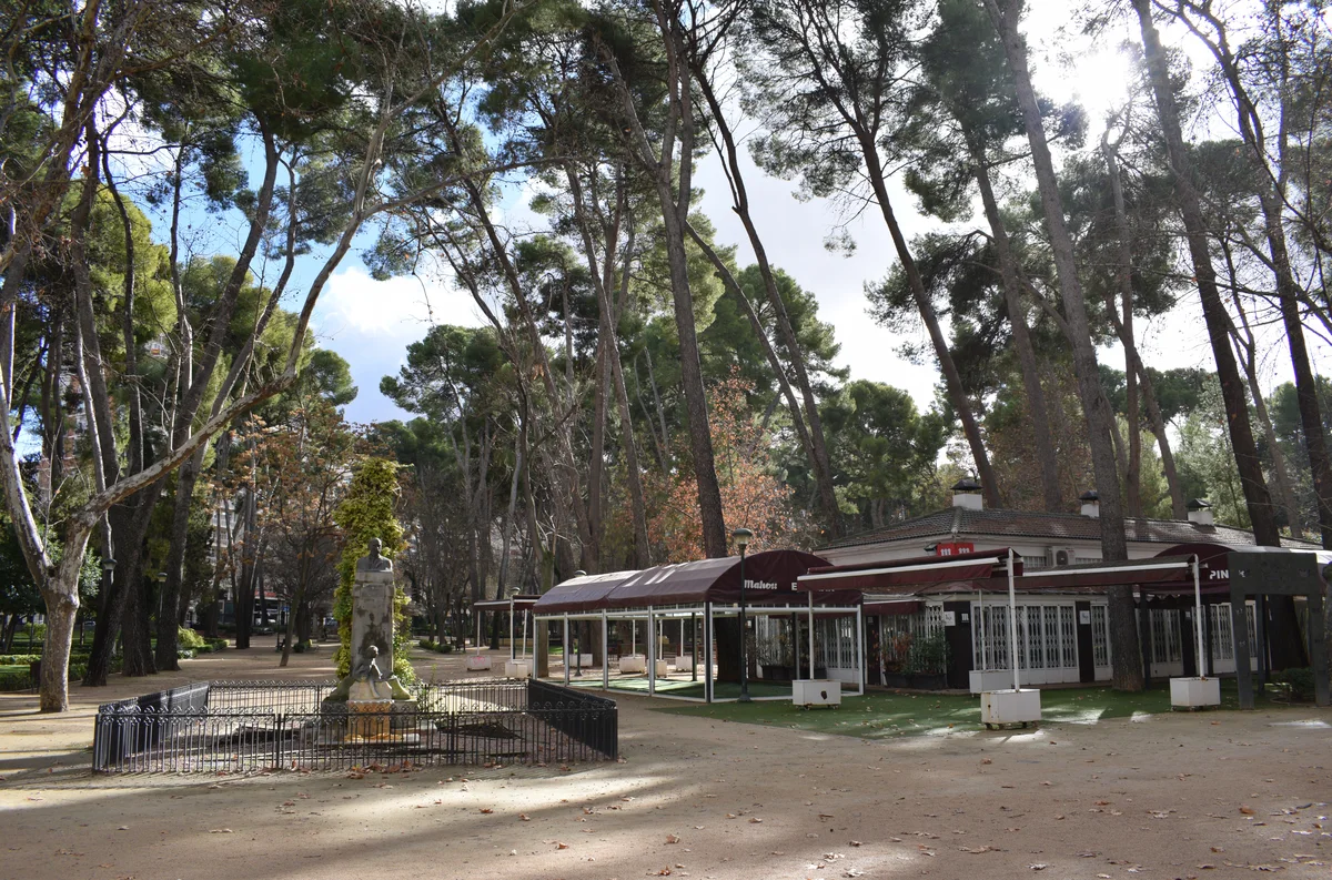 Troncos altos de pino y ramas extendidas sobre un monumento de piedra vallado y el edificio bajo de una cafetería en el Parque Abelardo Sánchez.