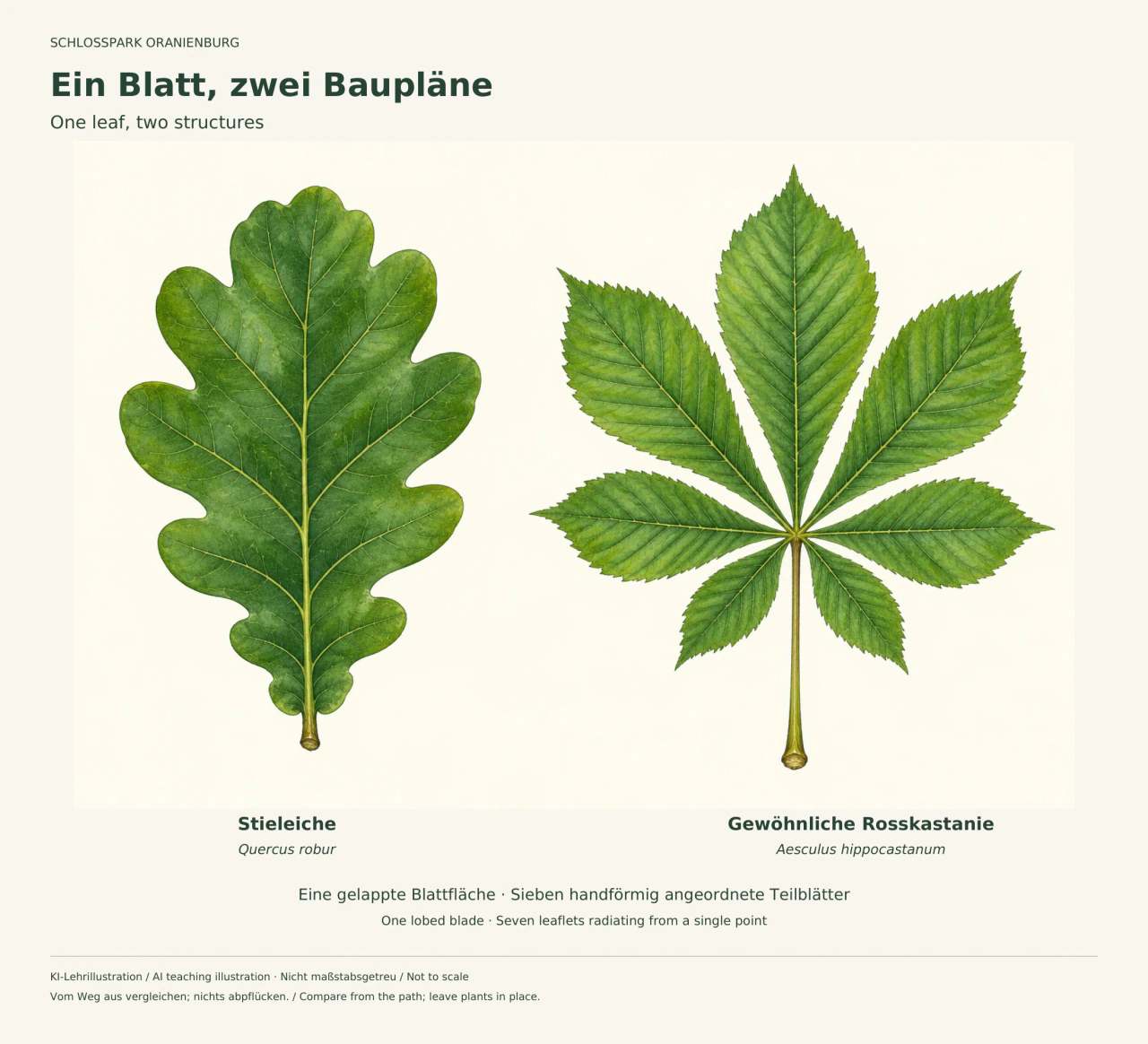 Links ein grünes Stieleichenblatt mit runden Lappen, rechts ein Rosskastanienblatt mit sieben gezähnten Teilblättern, die an einem gemeinsamen Punkt zusammenlaufen.