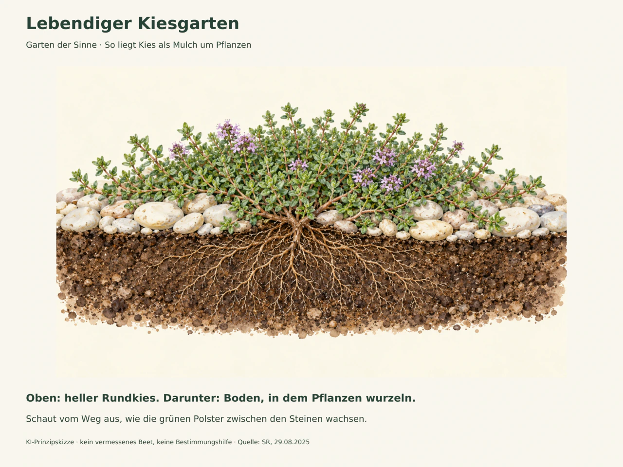 Gezeichneter Schnitt durch ein bepflanztes Kiesbeet: ein grünes Pflanzenpolster mit kleinen violetten Blüten über hellen runden Steinen; darunter verzweigte Wurzeln im braunen Boden.