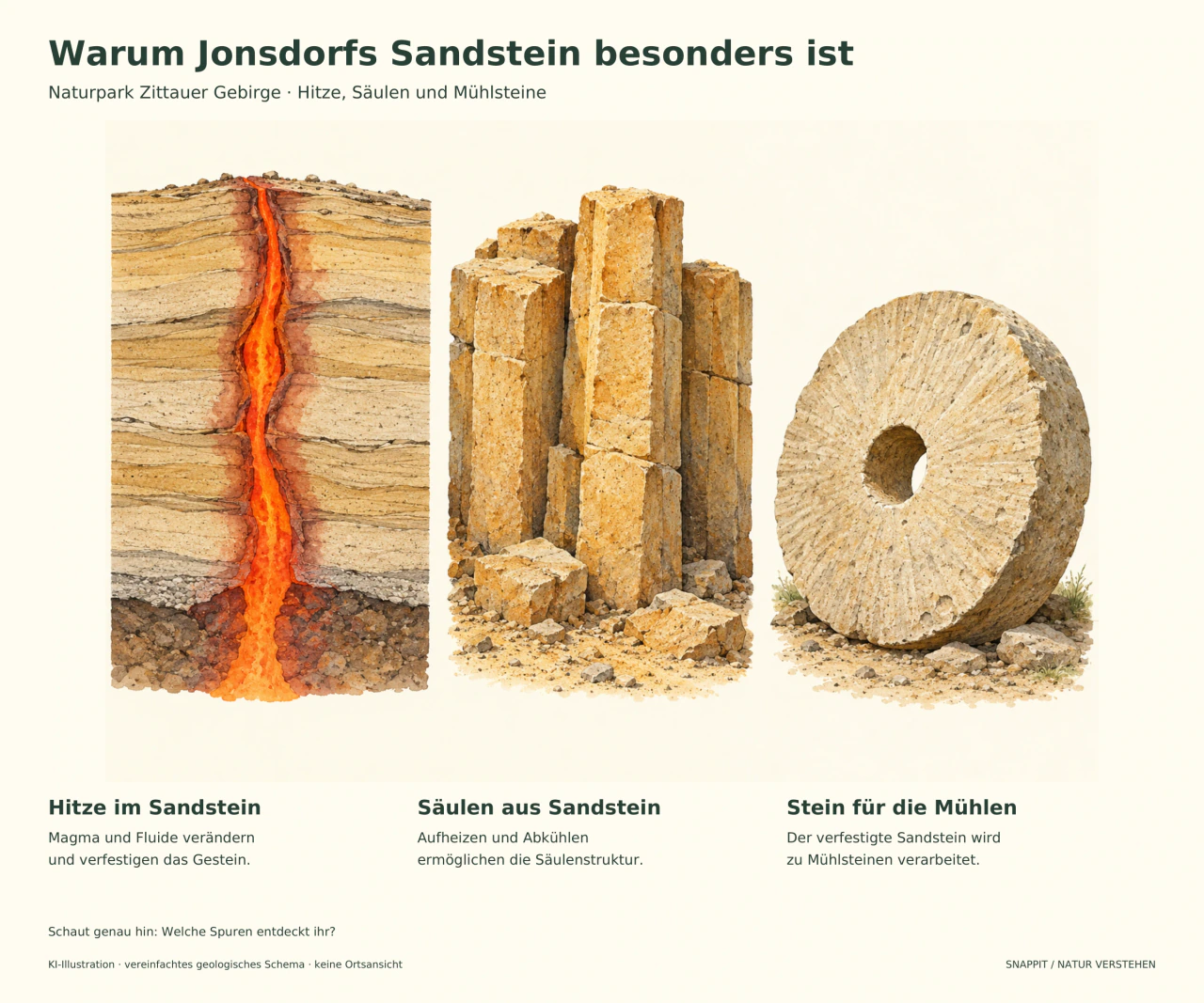 Drei Illustrationen zeigen einen magmatischen Gang im Sandstein, eine Gruppe sandfarbener Säulen und einen runden Mühlstein mit Loch.