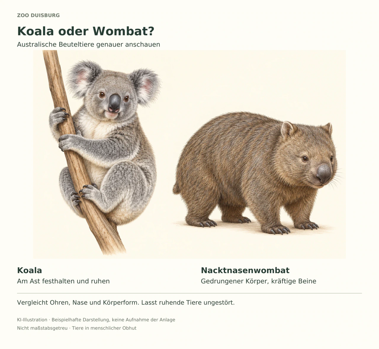 Links hält sich ein grauer Koala mit großen, flauschigen Ohren und dunkler Nase an einem Ast fest. Rechts steht ein brauner Nacktnasenwombat mit gedrungenem Körper, kleinen Ohren und kurzen, kräftigen Beinen. Die beschriftete KI-Illustration regt zum Vergleich von Ohren, Nase und Körperform an.