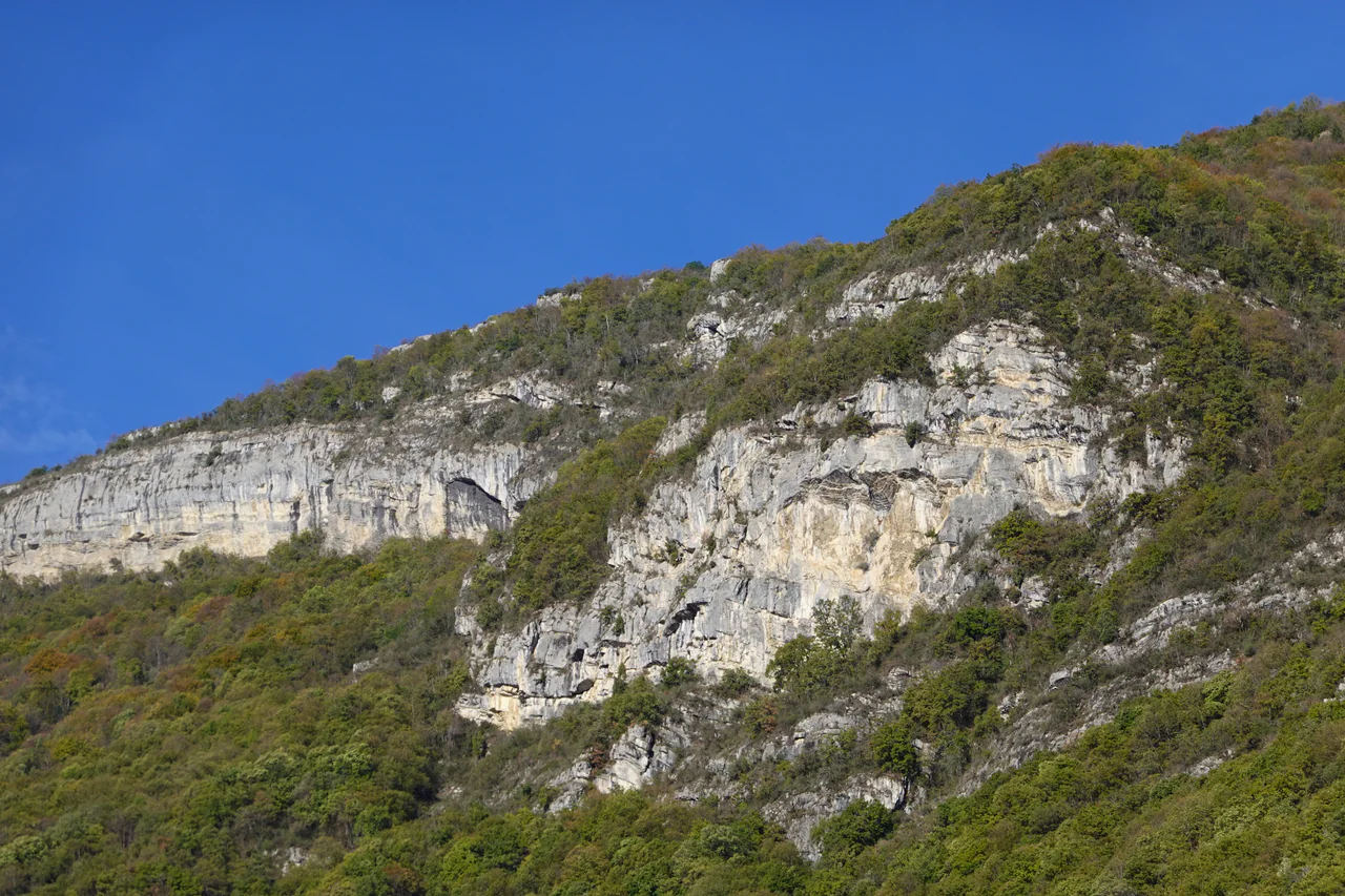 Pale layered cliffs rise above green and autumn-coloured woodland under a clear blue sky.