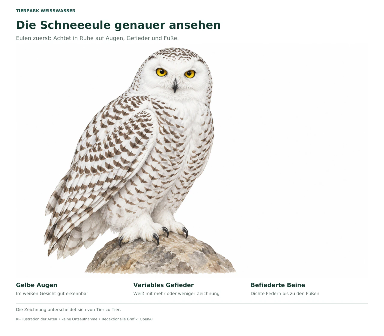 Eine illustrierte Schneeeule mit gelben Augen und braun gebändertem weißem Gefieder sitzt auf einem neutralen Stein. Die Beine sind dicht befiedert.