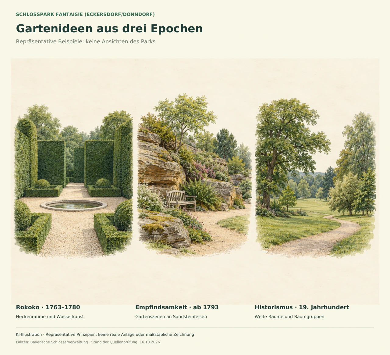 Drei Aquarellszenen zeigen einen formalen Heckenraum mit flachem Becken, einen Sitzplatz an geschichteten Sandsteinfelsen und eine offene Wiese mit Baumgruppen und geschwungenem Weg.