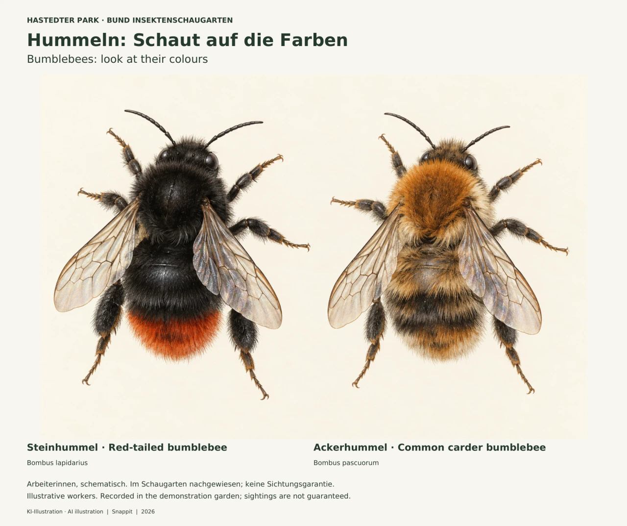 Zwei Hummeln von schräg oben: links eine schwarze Steinhummel mit rotem Hinterleibsende; rechts eine Ackerhummel mit orangebraunem Brustabschnitt und gemischt braunem, hellem und dunklem Hinterleib. Beide haben durchscheinende Flügel, Fühler und sechs Beine.