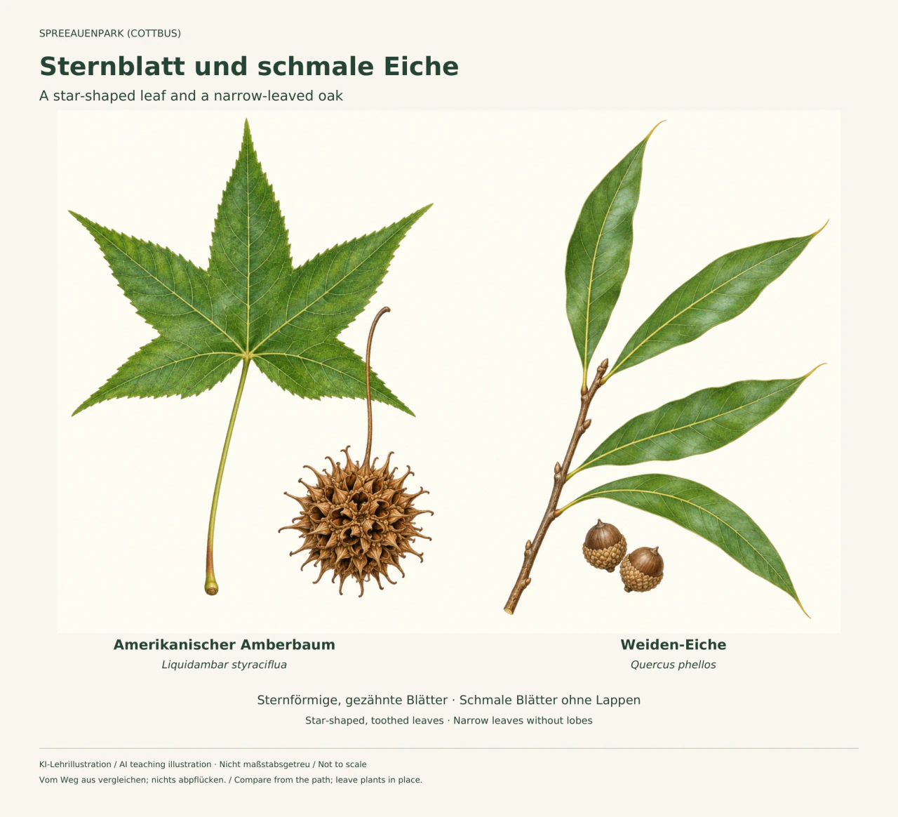 Links ein fünflappiges grünes Sternblatt und ein brauner kugeliger Fruchtstand des Amberbaums; rechts ein Zweig mit vier schmalen, glattrandigen Weiden-Eichenblättern und zwei kleinen Eicheln.