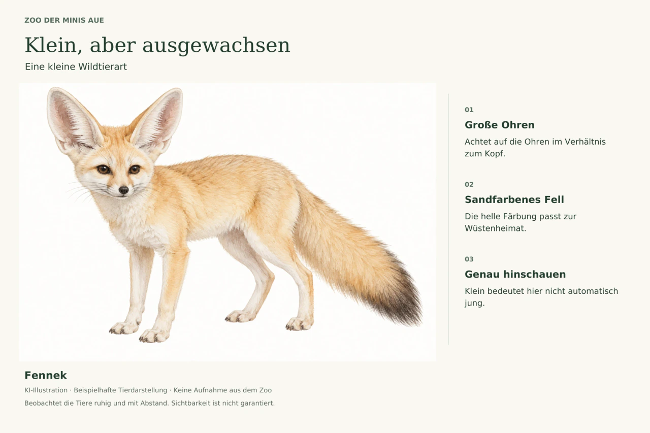 Illustration eines sandfarbenen Fenneks mit großen aufrechten Ohren. Hinweise regen an, Ohren, Fell und die Größe erwachsener Tiere zu betrachten.