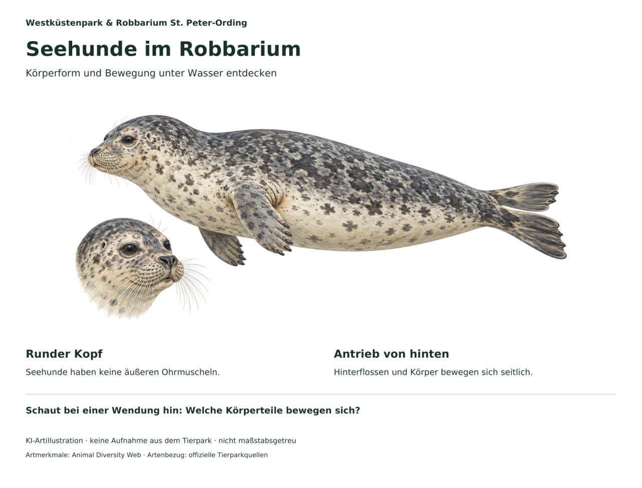 Illustrierter Seehund mit geflecktem Fell, Vorder- und Hinterflossen sowie einer vergrößerten Kopfansicht.