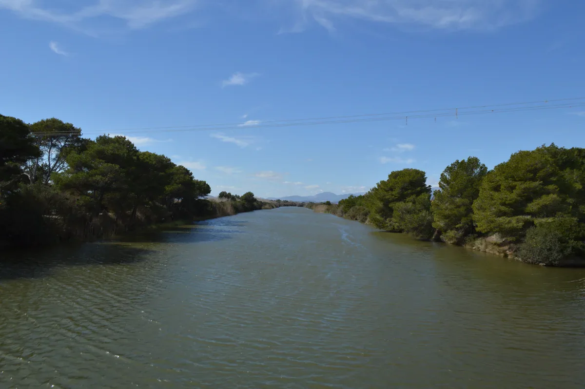 A broad straight water channel lined by reeds and trees, with distant mountains under a blue sky.